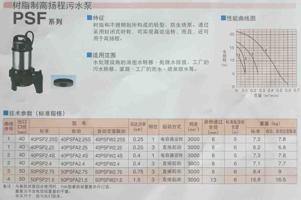 鹤见树脂制高扬程污水泵PSF/高扬程污水泵