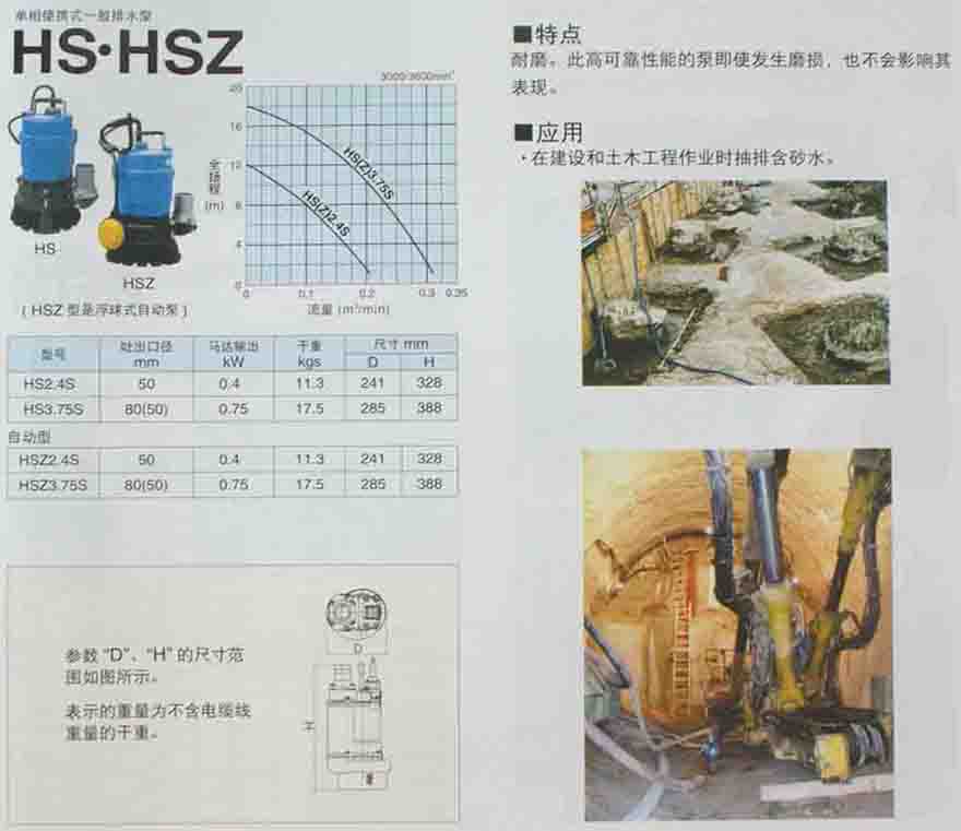 鹤见单相便携式一般排水泵HS.HSZ