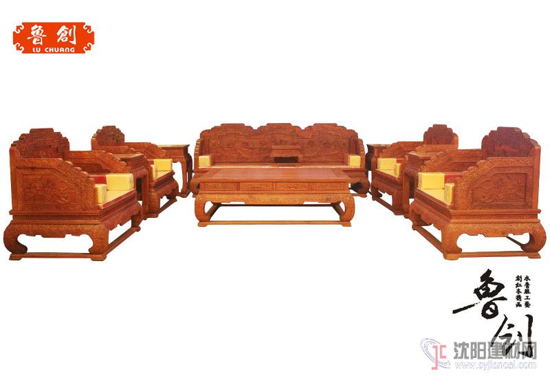 浙江红木家具网 荷花宝座沙发十一件套满雕  缅甸花梨
