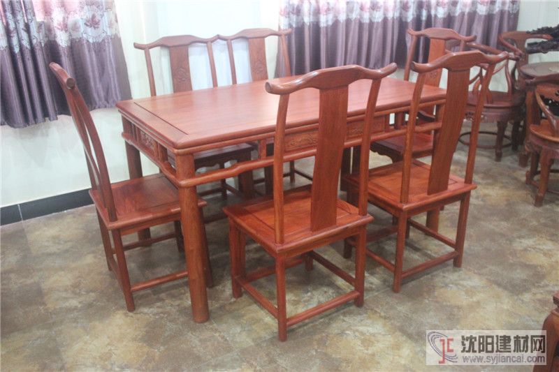 东阳木雕  明式餐桌7件套 缅甸花梨