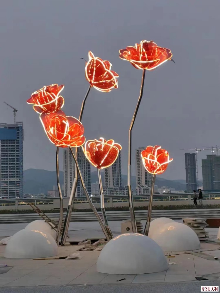 龙岩小景观灯光玫瑰花不锈钢雕塑 花开朵朵摆件